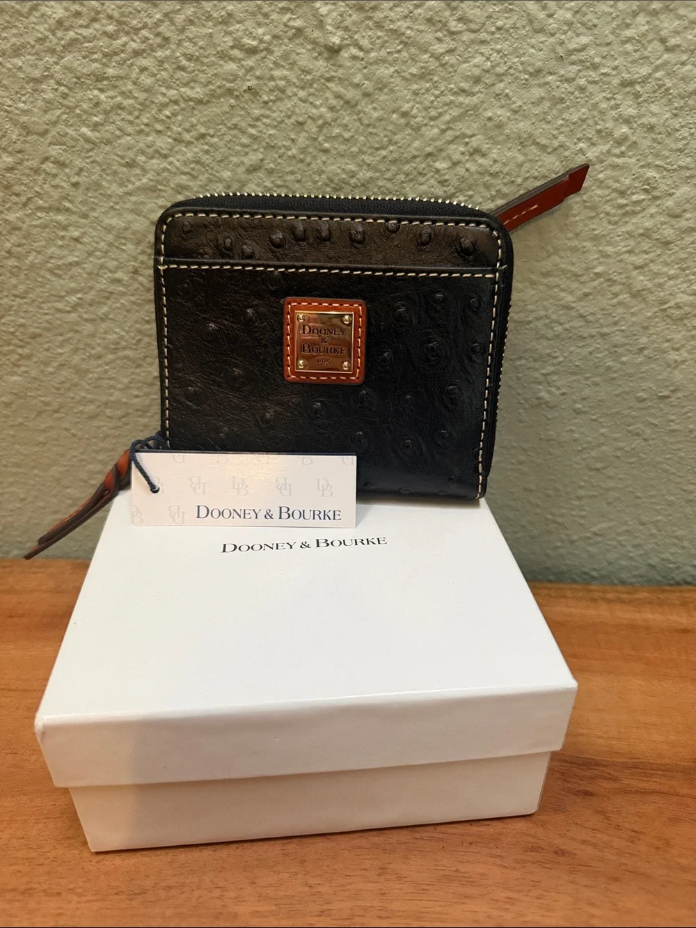 Dooney & Bourke Black Ostrich-Embossed Zip Wallet with Tan Trim